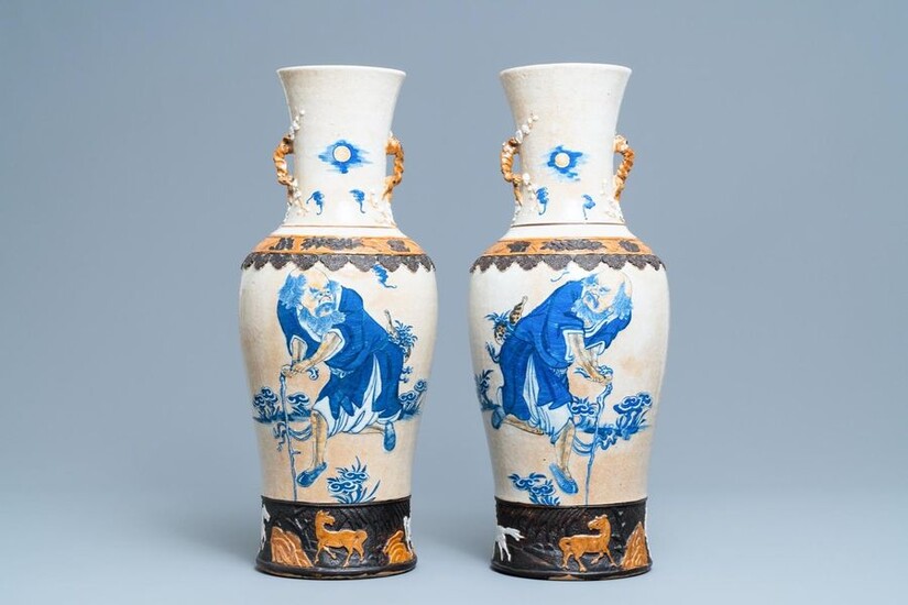 A pair of Chinese Nanking crackle glazed vases with Li Tieguai, 19th C.