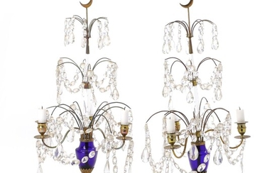 SOLD. A pair of Louis XVI style brass, cobalt glass and crystal candelabra, with white marble bases. 19th century. H. 62 cm. (2) – Bruun Rasmussen Auctioneers of Fine Art