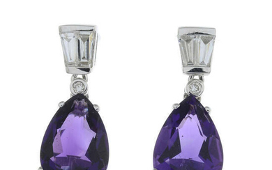 A pair of amethyst and vari-cut diamond drop earrings.