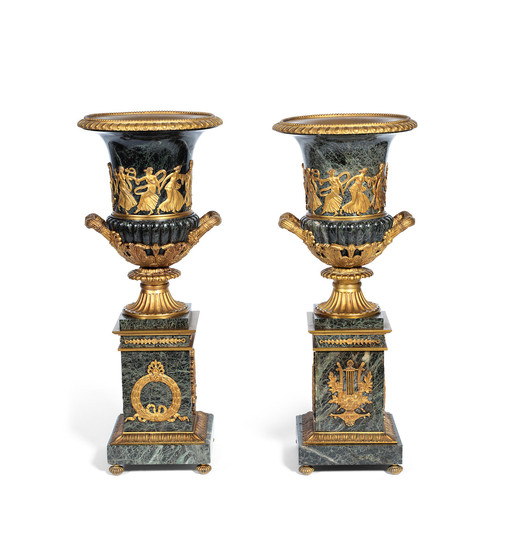 A pair of impressive late 19th century French gilt bronze mounted verdi antico marble garniture urns