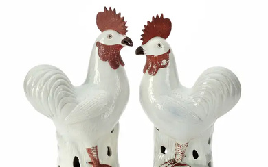A pair of large Chinese export white glazed chickens Qing dynasty, 19th...