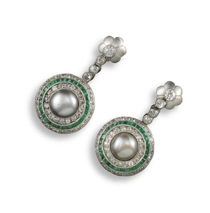 A pair of natural pearl, emerald and diamond drop …