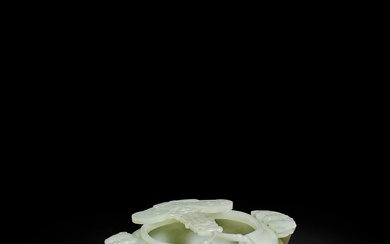A pale celadon jade 'marriage' bowl, Qing dynasty, Qianlong period | 清乾隆 青白玉雕如意雙喜紋祥蝠耳活環洗
