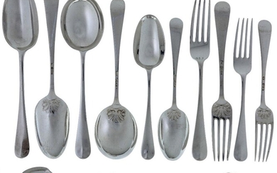 A part-set of silver Hanoverian shell back flatware, London, 1930, Josiah Williams & Co., comprising: 12 dessert forks; 12 table forks; 11 dessert spoons; 12 soup spoons; 4 table spoons; 12 coffee spoons and 11 teaspoons, total weight approx...