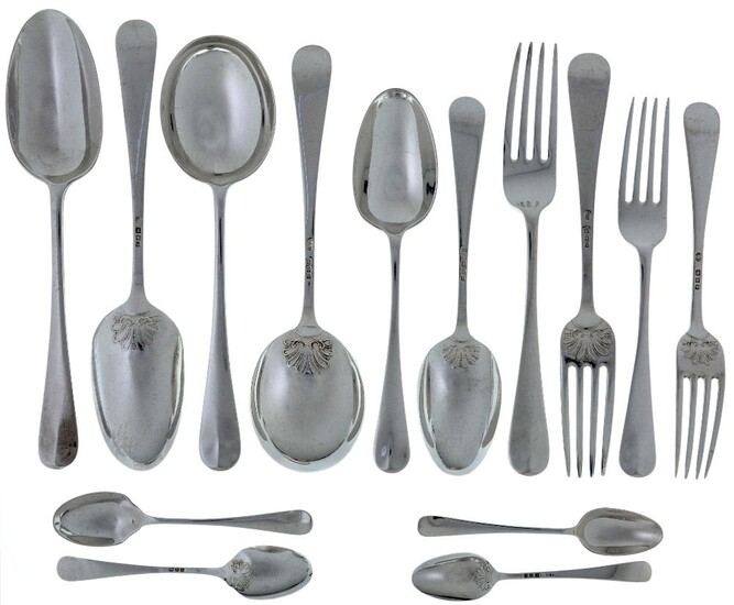 A part-set of silver Hanoverian shell back flatware, London, 1930, Josiah Williams & Co., comprising: 12 dessert forks; 12 table forks; 11 dessert spoons; 12 soup spoons; 4 table spoons; 12 coffee spoons and 11 teaspoons, total weight approx...