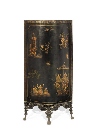 A rare early 19th century bronzed cast-iron and black and gilt Chinoiserie japanned 'tole' firescreen