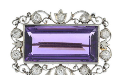 A rectangular-shape amethyst and old-cut diamond brooch.