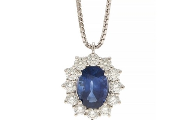 A sapphire and diamond pendant set with a sapphire weighing app. 2.19 ct. encircled by numerous diamonds weighing a total of app. 0.96 ct., mounted in 18k gold.