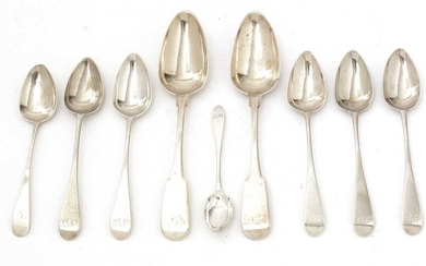 A section of dessert spoons; teaspoon; and tablespoons, various makers.