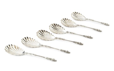 A set of six late Victorian silver apostle top serving...