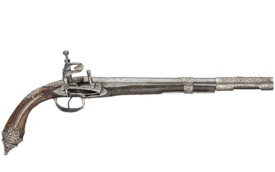 A silver-mounted Ottoman/Albanian Miquelet pistol, circa 1850 Canon lisse de calibre 15,5, mm, nombreuses marques...
