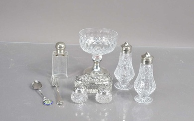 A small group of silver, silver and silver plate mounted glass items