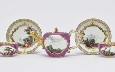 A teapot and pair of cups with saucers Meissen, circa