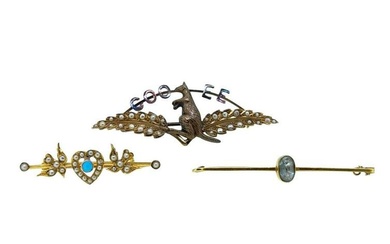 A trio of brooches, first, the Australian COO-EE kangaroo brooch set with split pearls, length