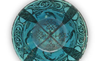 A turquoise blue glazed and black conical bowl Kashan, central Iran, 12th-13th...