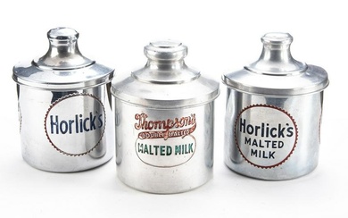 A vintage set of three Aluminum Cannisters by "Horlick's & Thompson's Malted Milk" with removable