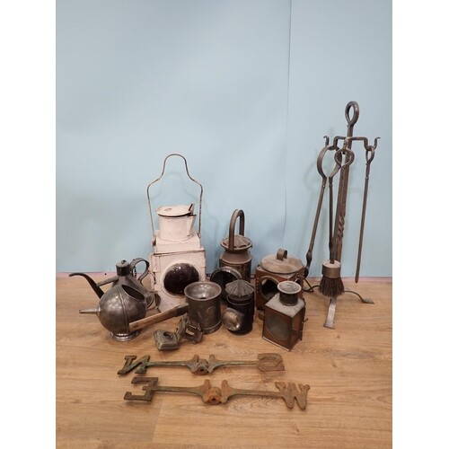 A white painted Railway Lamp, four other Lamps, an Oil Can, ...