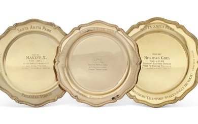 AN AMERICAN 14K GOLD AND TWO SILVER-GILT PRESENTATION PLATES OF HORSE RACING INTEREST THE GOLD PLATE MARK OF SHREVE & CO., SAN FRANCISCO, CALIFORNIA, CIRCA 1964; THE SILVER-GILT PLATES MARK OF TIFFANY & CO., NEW YORK, CIRCA 1977 AND CIRCA 1994