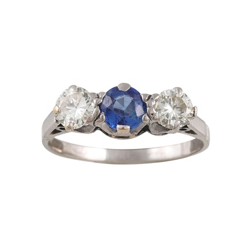 AN ANTIQUE DIAMOND AND SAPPHIRE THREE STONE RING, mounted in...