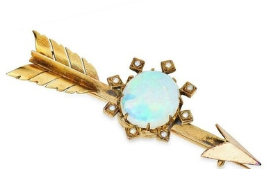 AN ANTIQUE OPAL AND PEARL ARROW BROOCH in yellow gold