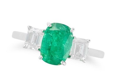 AN EMERALD AND DIAMOND THREE STONE RING set with a cushion cut emerald of 1.77 carats accented on