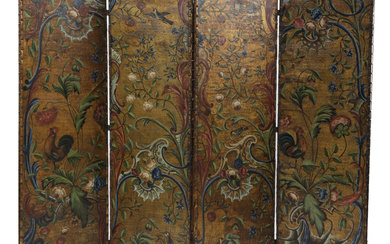 AN ITALIAN PAINTED LEATHER FOUR-FOLD SCREEN...