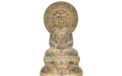 ANTIQUE CHINESE CARVED STONE BUDDHA ON STAND