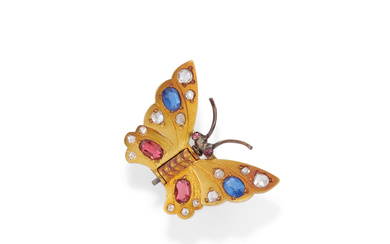 ANTIQUE DIAMOND AND GEM-SET BROOCH in 18K yellow gold...