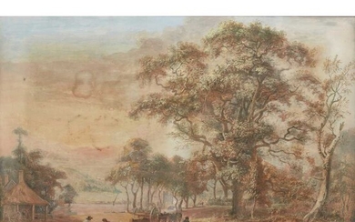 ATTRIBUTED TO PAUL SANDBY AN EXTENSIVE WOODED RIVER LANDSCAPE WITH FIGURES