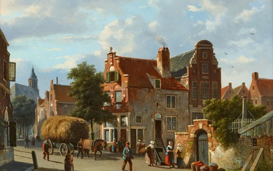 Adrianus Eversen - Pair of paintings: Summer View of a Town with a Haywain and Figures Dutch Canal Scene with Figures and a Barge