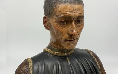 After Benedetto da Maiano - Probably Atelier Lorenzi, Paris - An impressive, hyperrealist, painted scagliola bust of Filippo de 'Strozzi - 56 cm - Plaster - Early 20th century