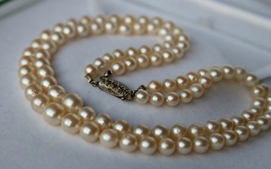 Akoya pearls, Silver, ca 6.6 to 9.5 mm - 2 strand Necklace - genuine sea/salty pearls Japanese sea - Manual labor Germany