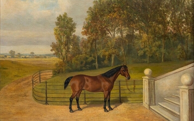 Albert CLARK (actif entre 1821-1910). Portrait de cheval, à l'entrée d'une propriété. Huile sur toile,...
