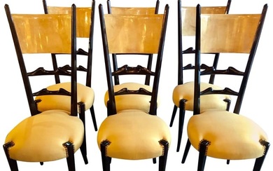 Aldo Tura, Mid-Century Modern, Six Dining Chairs, Goatskin, Parchment, 1960s