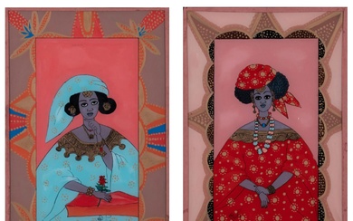 Alioune Fall dit Mbida (1949-2012, Sénégal) Lot de deux peintures fixées sous verre