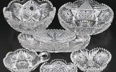 American Brilliant Style Cut Glass Celery Dish and Bowls, 20th Century