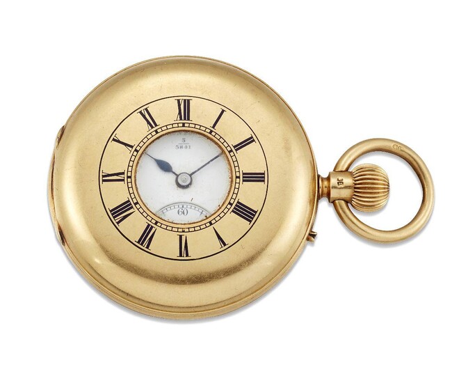 An 18ct gold demi-hunter case pocket watch, the white enamel dial with Roman numerals and subsidiary seconds signed Barraud & Lunds London and numbered 3 3841, glass deficient, the lever movement with repeat signature and number, also stamped 49...