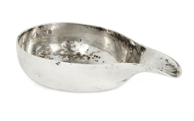 An 18th century silver pap boat, marks beneath rim rubbed, maker ?M, of plain, tear-shaped form, 11.6cm long, approx. weight 2.3oz Provenance: The estate of the late designer, Anthony Powell.