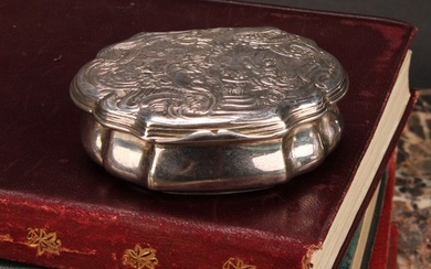 An 18th century silver shaped serpentine snuff box, chased w...