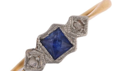 An Art Deco 18ct gold three stone sapphire and diamond ring,...