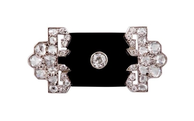 An Art Deco onyx and diamond brooch