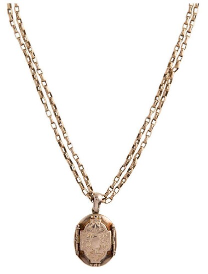 An Edwardian gold guard chain with locket pendant, the guard chain of double row belcher-link design, suspending a foliate engraved hinged oval locket pendant, c. 1905, length of guard chain 41cm