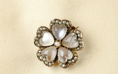 An Edwardian gold moonstone and split pearl floral brooch.