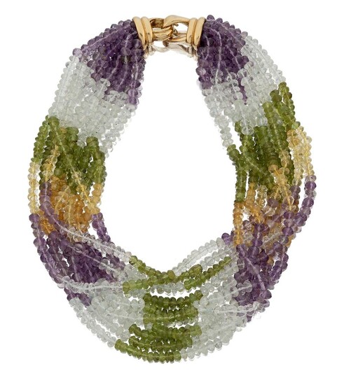An aquamarine, peridot, citrine and amethyst bead collar necklace, composed of ten rows of faceted beads divided into sections of aquamarines, peridots, amethysts and citrines, to a clip clasp, stamped 750, approx. length 35cm