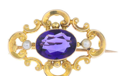 An early 20th century 15ct gold amethyst and split pearl openwork brooch.