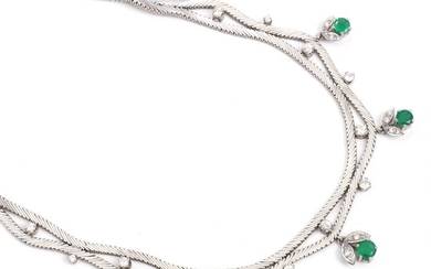 An emerald and diamond necklace set with five faceted emeralds and numerous brilliant- and single-cut diamonds, mounted in 18k white gold. L. 43 cm.