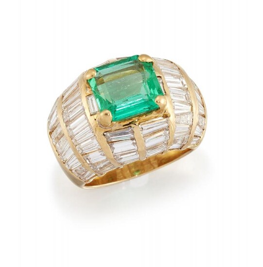 An emerald and diamond ring, the cut-cornered...