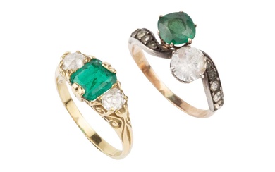 An emerald and diamond three stone ring, the square cushion...
