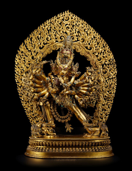 An exceptionally rare large gilt copper-alloy group of Vajrabhairava and Vajravetali