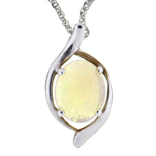 An opal pendant, in white gold marked 18ct, on white gold ne...